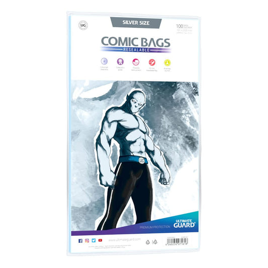 Ultimate Guard Comic Bags Resealable Silver Size, pack of 100 with grey artwork insert, front view