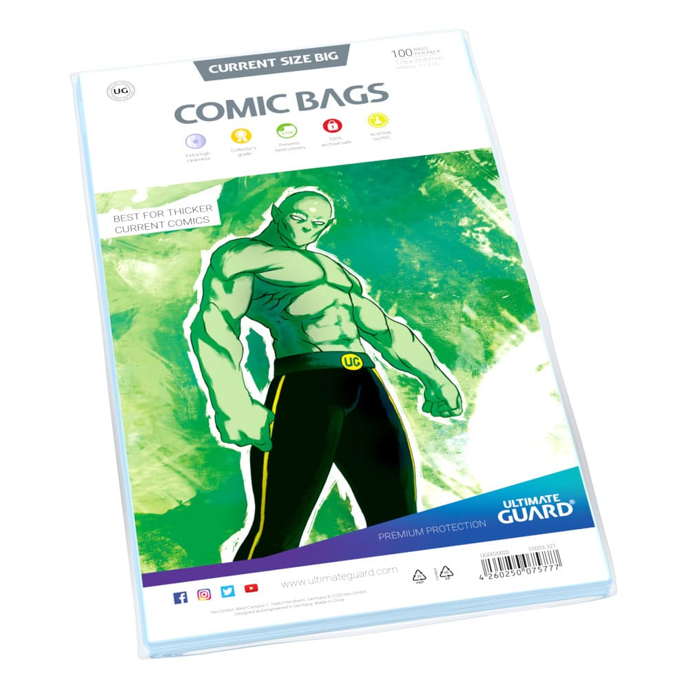 Ultimate Guard Comic Bags Standard Current Big Size, pack of 100 with green artwork insert, angled view