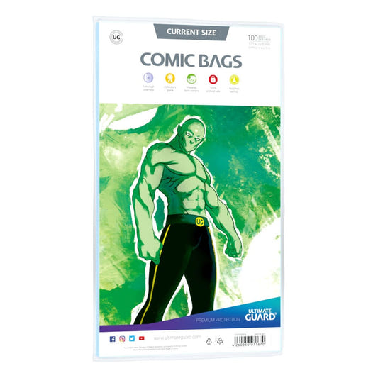 Ultimate Guard Comic Bags Standard Current Size, pack of 100 with green artwork insert, front view