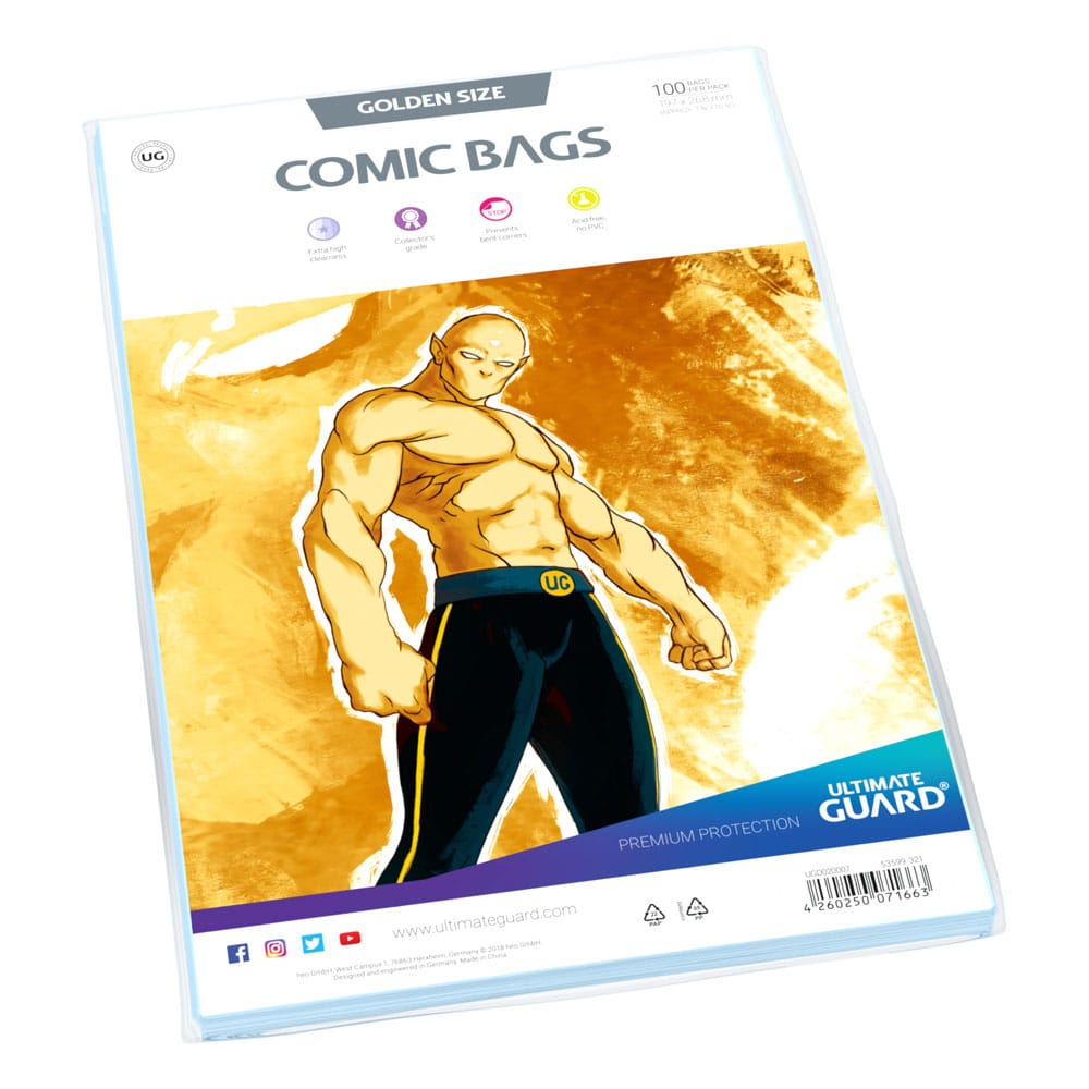 Ultimate Guard Comic Bags Standard Golden Size, pack of 100 with gold artwork insert, angled view