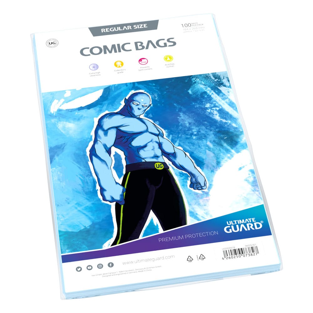Ultimate Guard Comic Bags Standard Regular Size, pack of 100 with blue artwork insert, angled view