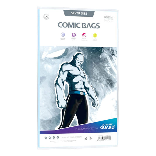 Ultimate Guard Comic Bags Standard Silver Size, pack of 100 with grey artwork insert, front view