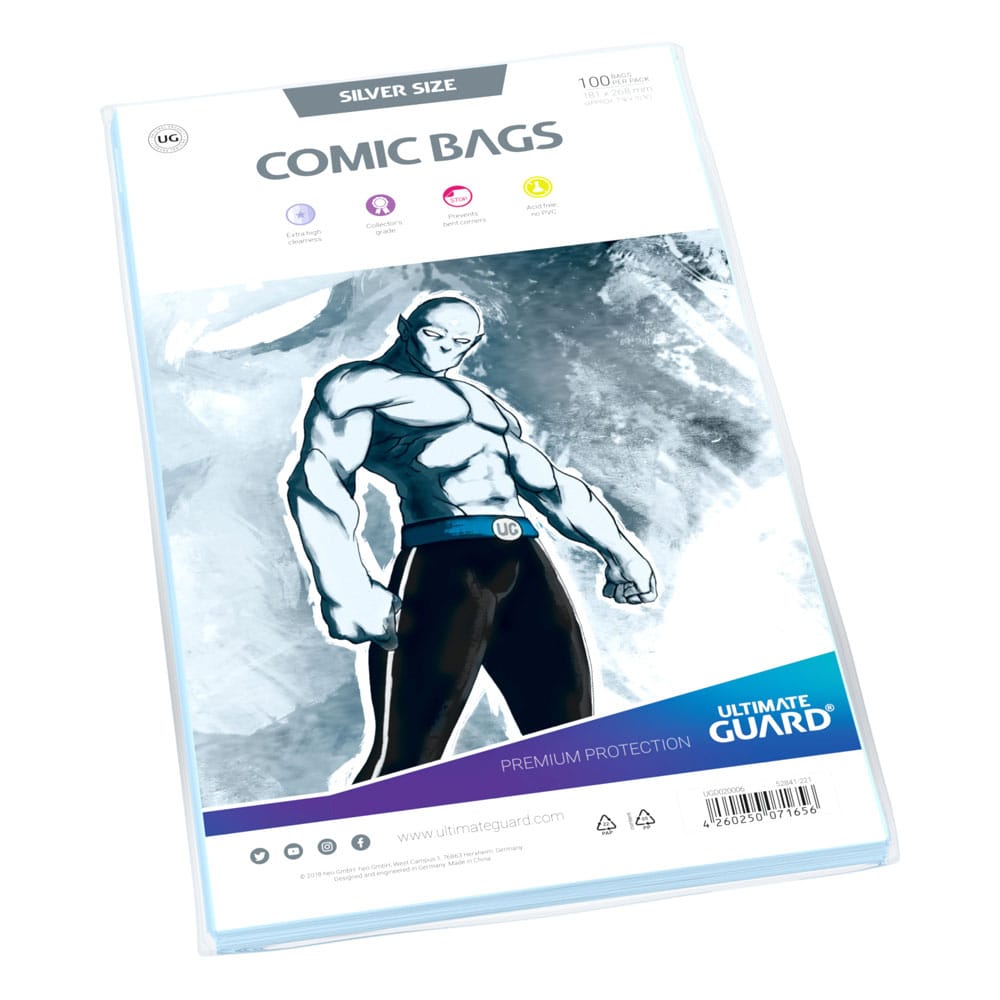 Ultimate Guard Comic Bags Standard Silver Size, pack of 100 with grey artwork insert, angled view