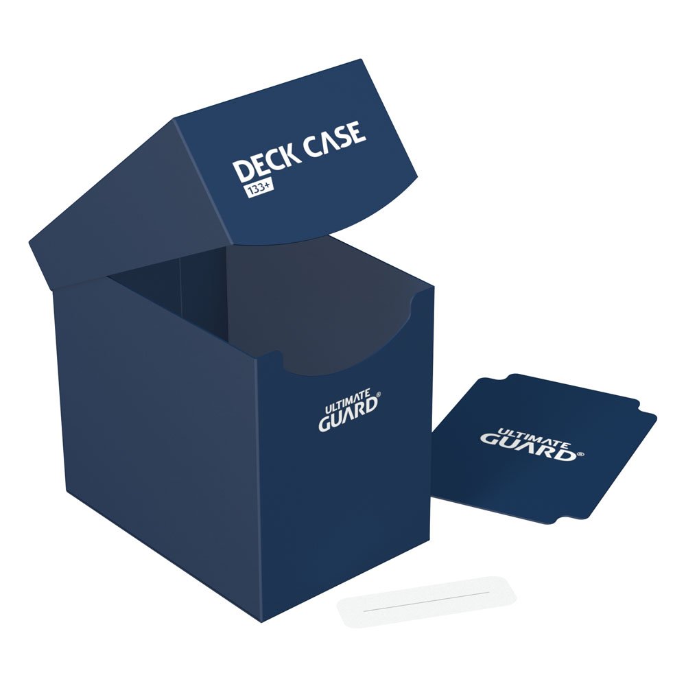 Ultimate Guard Deck Case 133+ in blue, open and empty, divider and label strip beside it