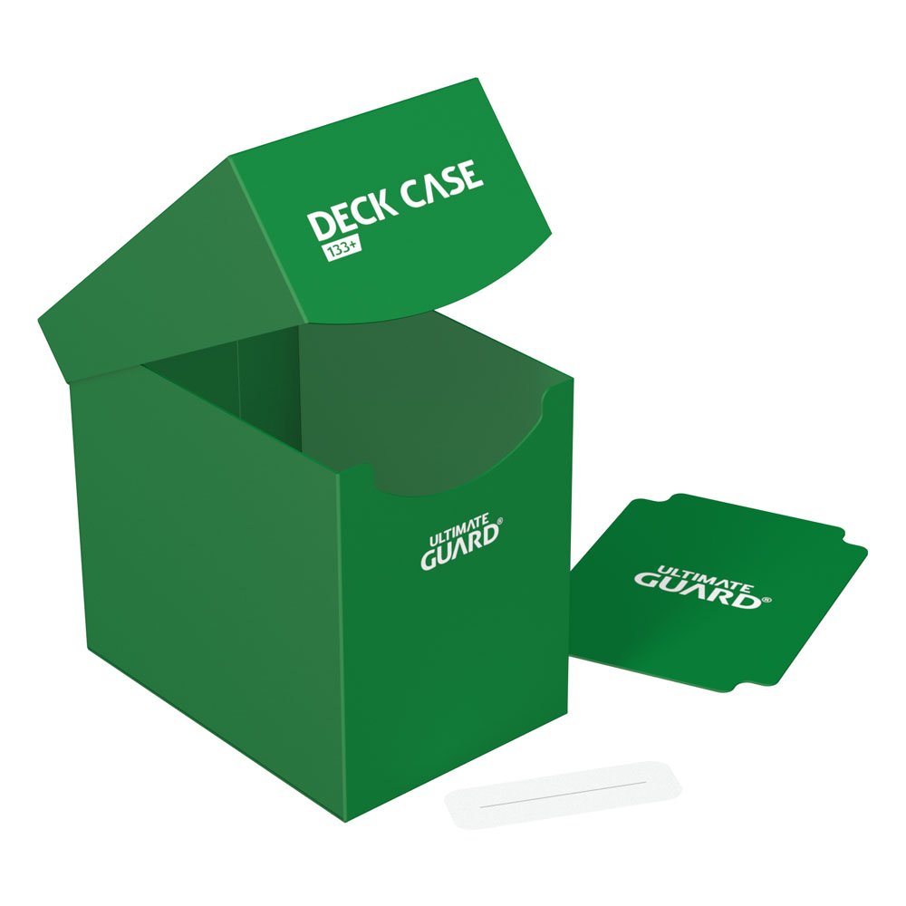 Ultimate Guard Deck Case 133+ in green, open and empty, divider and label strip beside it
