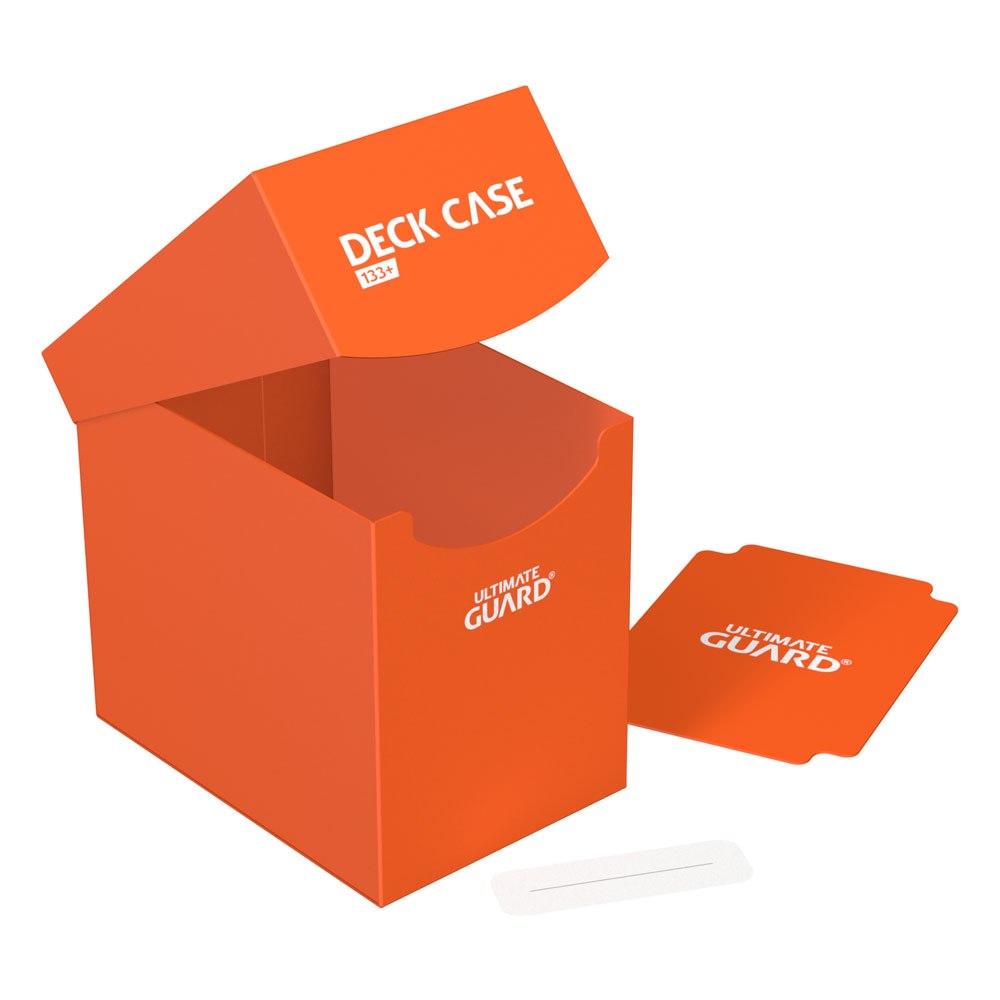 Ultimate Guard Deck Case 133+ in orange, open and empty, divider and label strip beside it