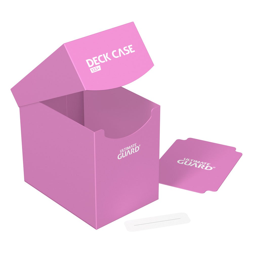 Ultimate Guard Deck Case 133+ in pink, open and empty, with divider and label strip beside it