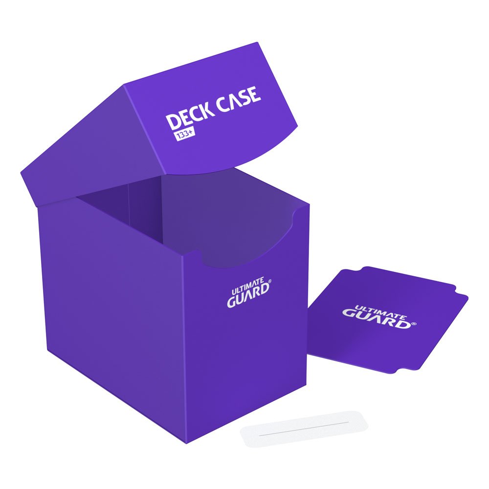 Ultimate Guard Deck Case 133+ in purple, open and empty, with divider and label strip beside it