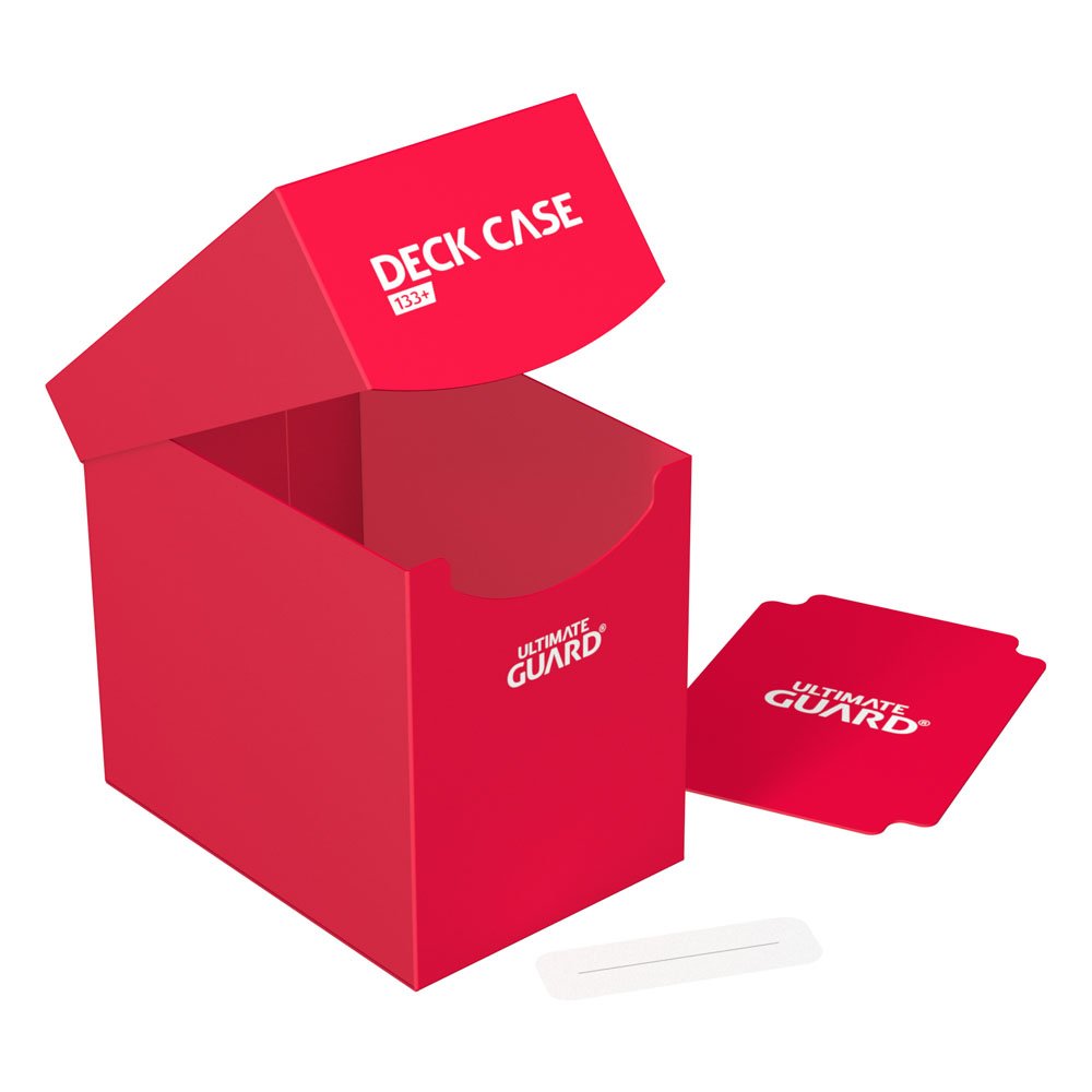 Ultimate Guard Deck Case 133+ in red, open and empty, with divider and label strip beside it
