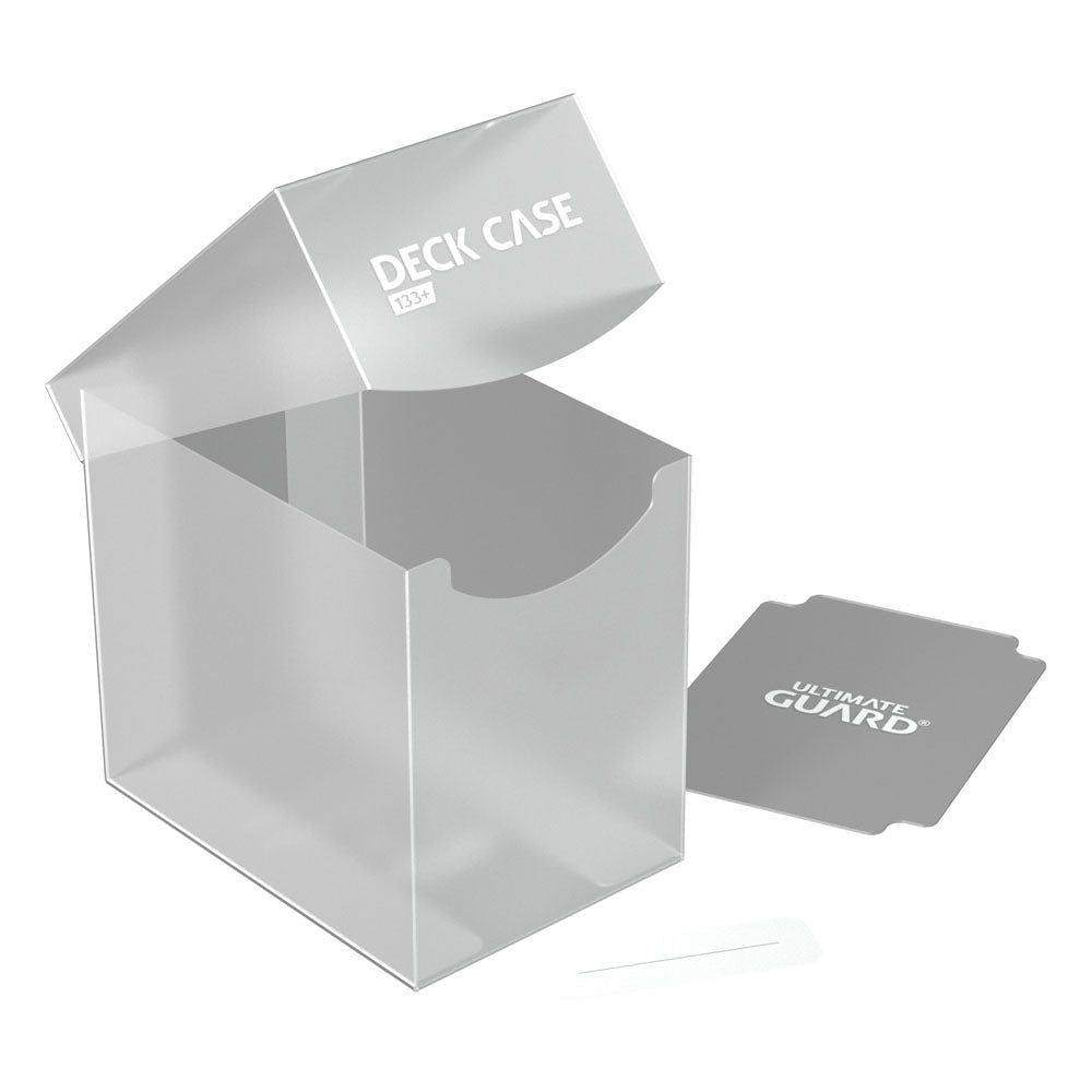 Ultimate Guard Deck Case 133+ in transparent, open and empty, with divider and label strip beside it