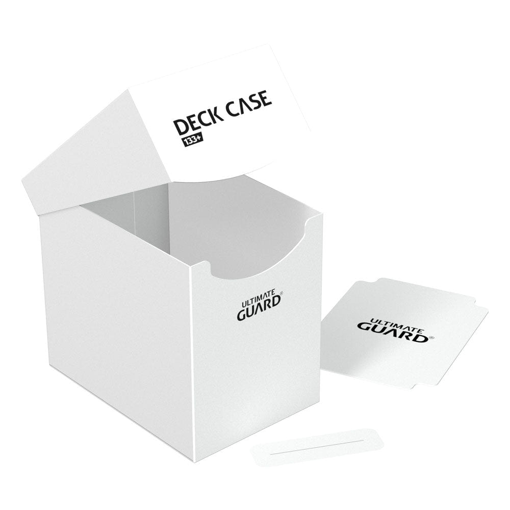 Ultimate Guard Deck Case 133+ in white, open and empty, with divider and label strip beside it
