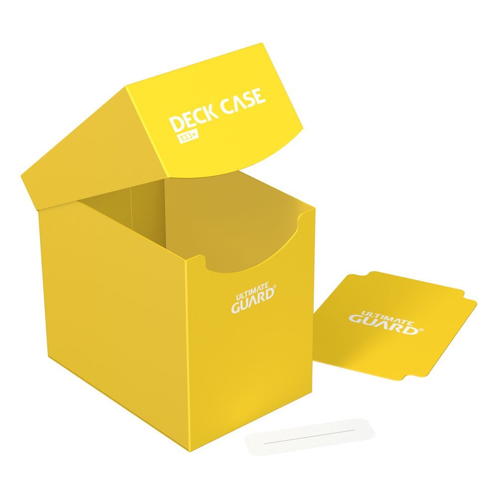 Ultimate Guard Deck Case 133+ in yellow, open and empty, with divider and label strip beside it