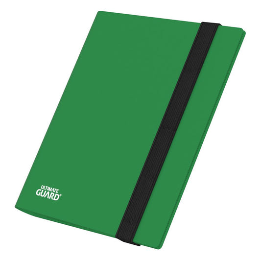 Ultimate Guard Flexxfolio 160 8-pocket binder in green, closed with black elastic strap, angled front view