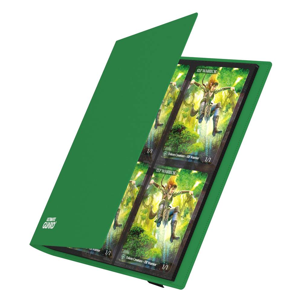 Ultimate Guard Flexxfolio 160 8-pocket binder in green, cover opening to show cards in the pockets