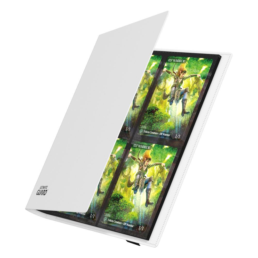 Ultimate Guard Flexxfolio 160 8-pocket binder in white, cover opening to show cards in the pockets