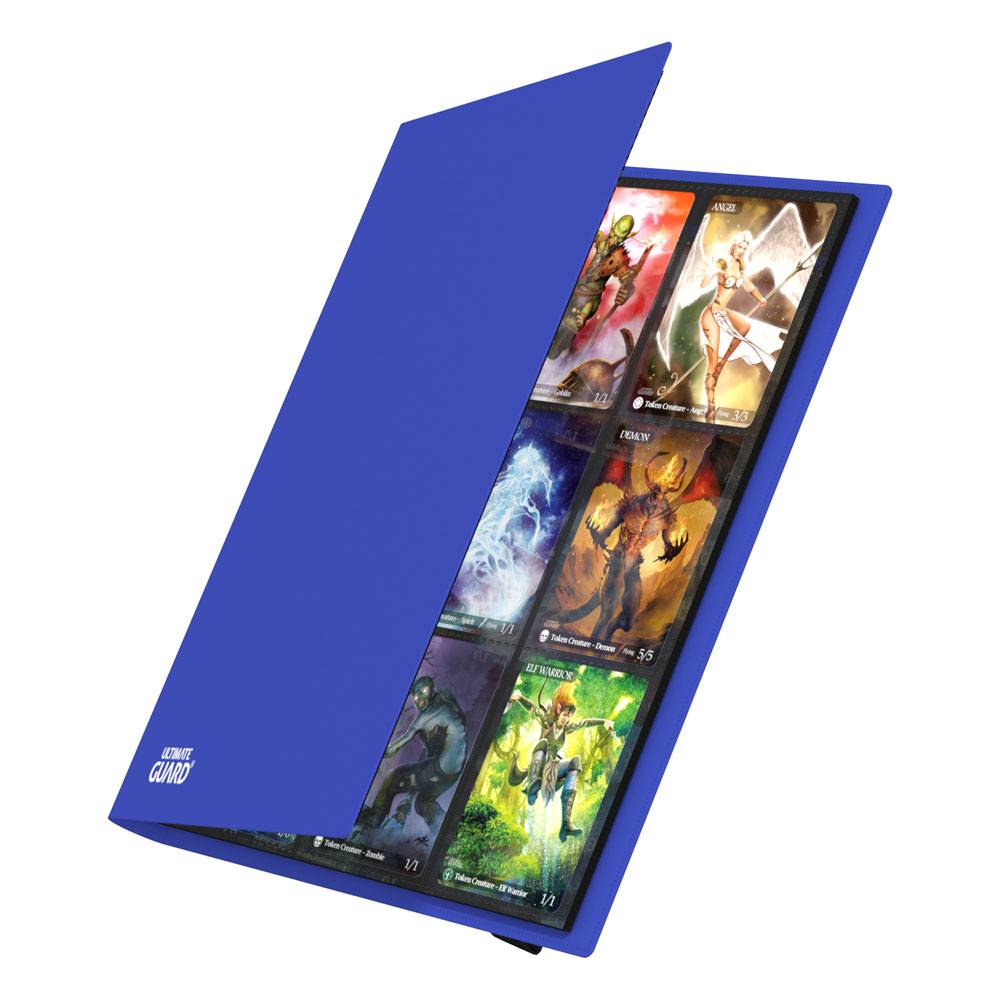 Ultimate Guard Flexxfolio 360 18-pocket binder in blue, cover opening to show cards in the pockets