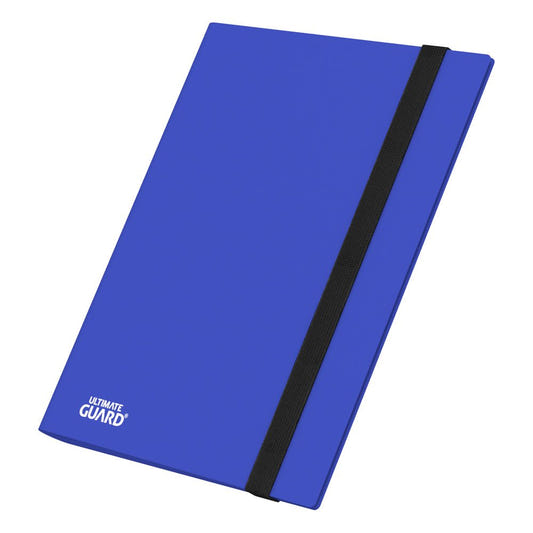 Ultimate Guard Flexxfolio 360 18-pocket binder in blue, closed with black elastic strap, angled front view