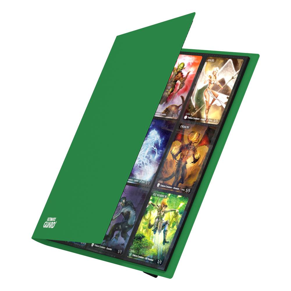 Ultimate Guard Flexxfolio 360 18-pocket binder in green, cover opening to show cards in the pockets