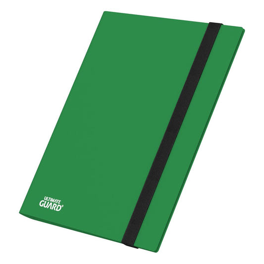 Ultimate Guard Flexxfolio 360 18-pocket binder in green, closed with black elastic strap, angled front view
