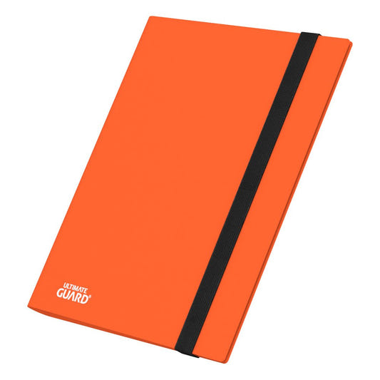 Ultimate Guard Flexxfolio 360 18-pocket binder in orange, closed with black elastic strap, angled front view