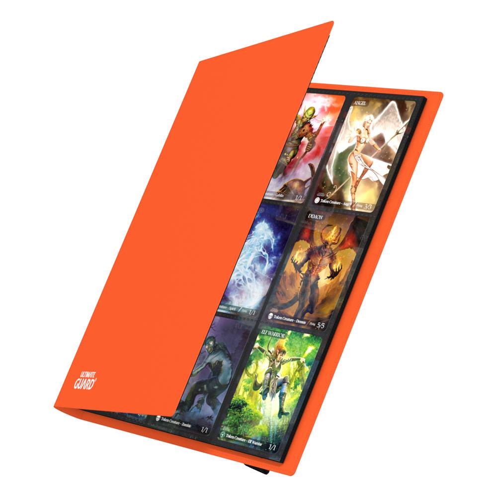 Ultimate Guard Flexxfolio 360 18-pocket binder in orange, cover opening to show cards in the pockets