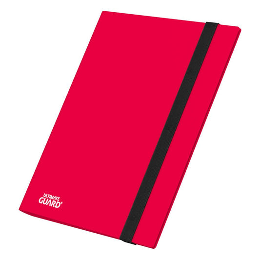Ultimate Guard Flexxfolio 360 18-pocket binder in red, closed with black elastic strap, angled front view