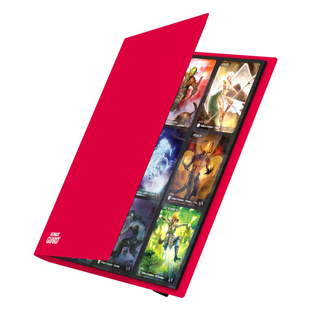 Ultimate Guard Flexxfolio 360 18-pocket binder in red, cover opening to show cards in the pockets