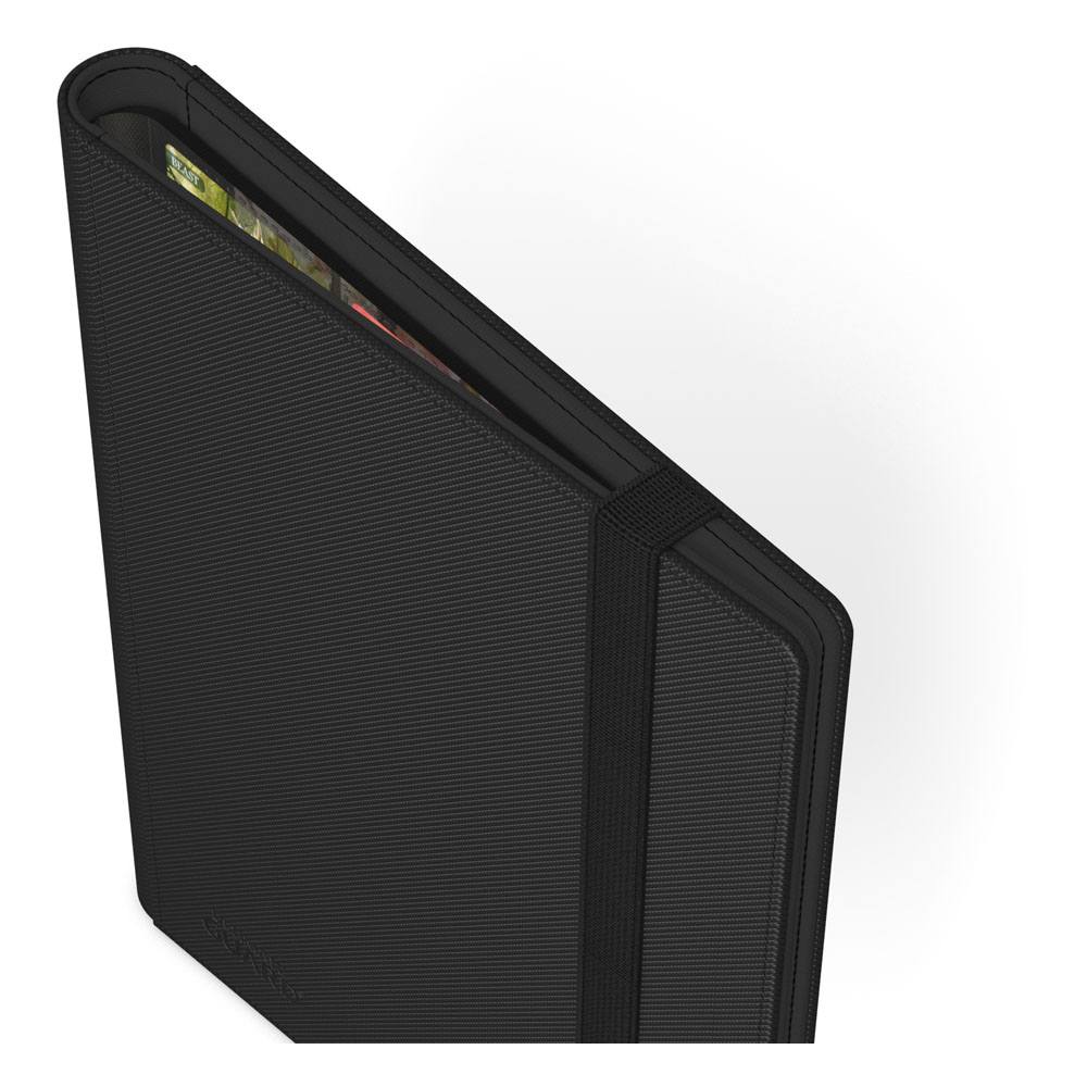 Ultimate Guard Flexxfolio 360 18-pocket Xenoskin binder in black, closed, spine view with elastic strap