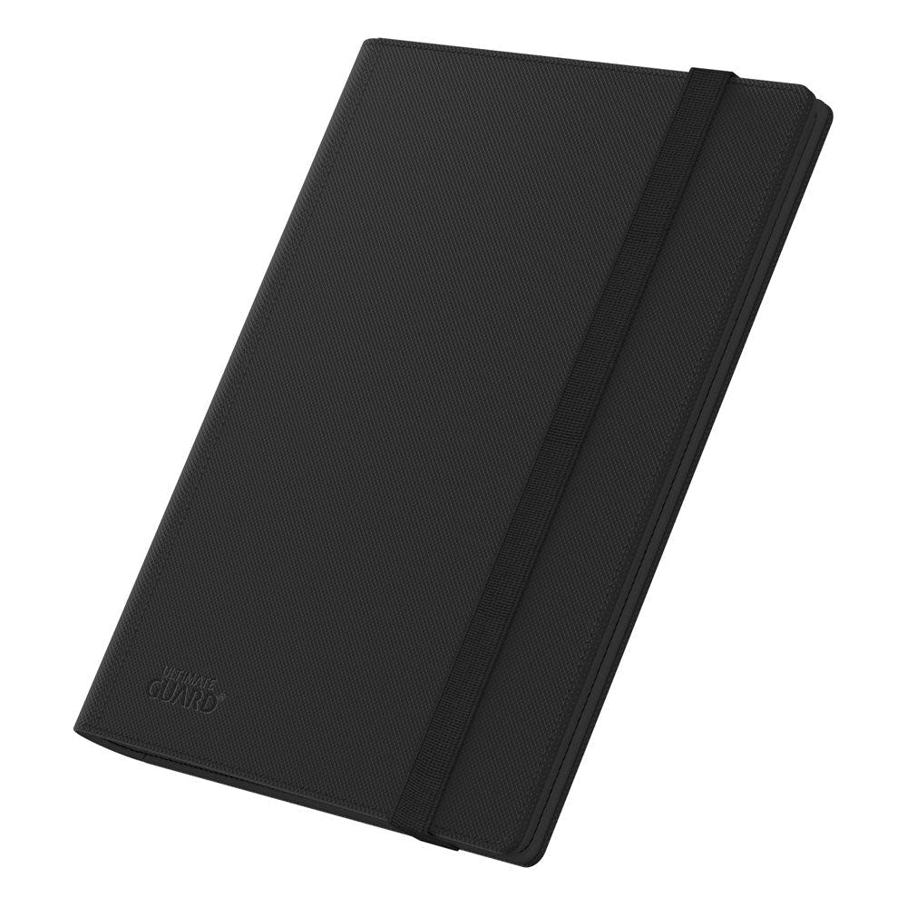 Ultimate Guard Flexxfolio 360 18-pocket Xenoskin binder in black, closed with black elastic strap, angled front view
