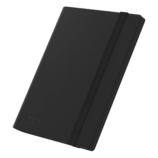 Ultimate Guard Flexxfolio 360 18-pocket Xenoskin binder in black, closed with black elastic strap, angled front view