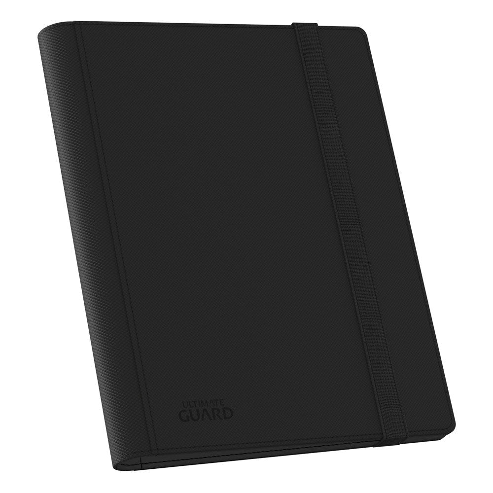 Ultimate Guard Flexxfolio 360 18-pocket Xenoskin binder in black, closed, flat front view with elastic strap