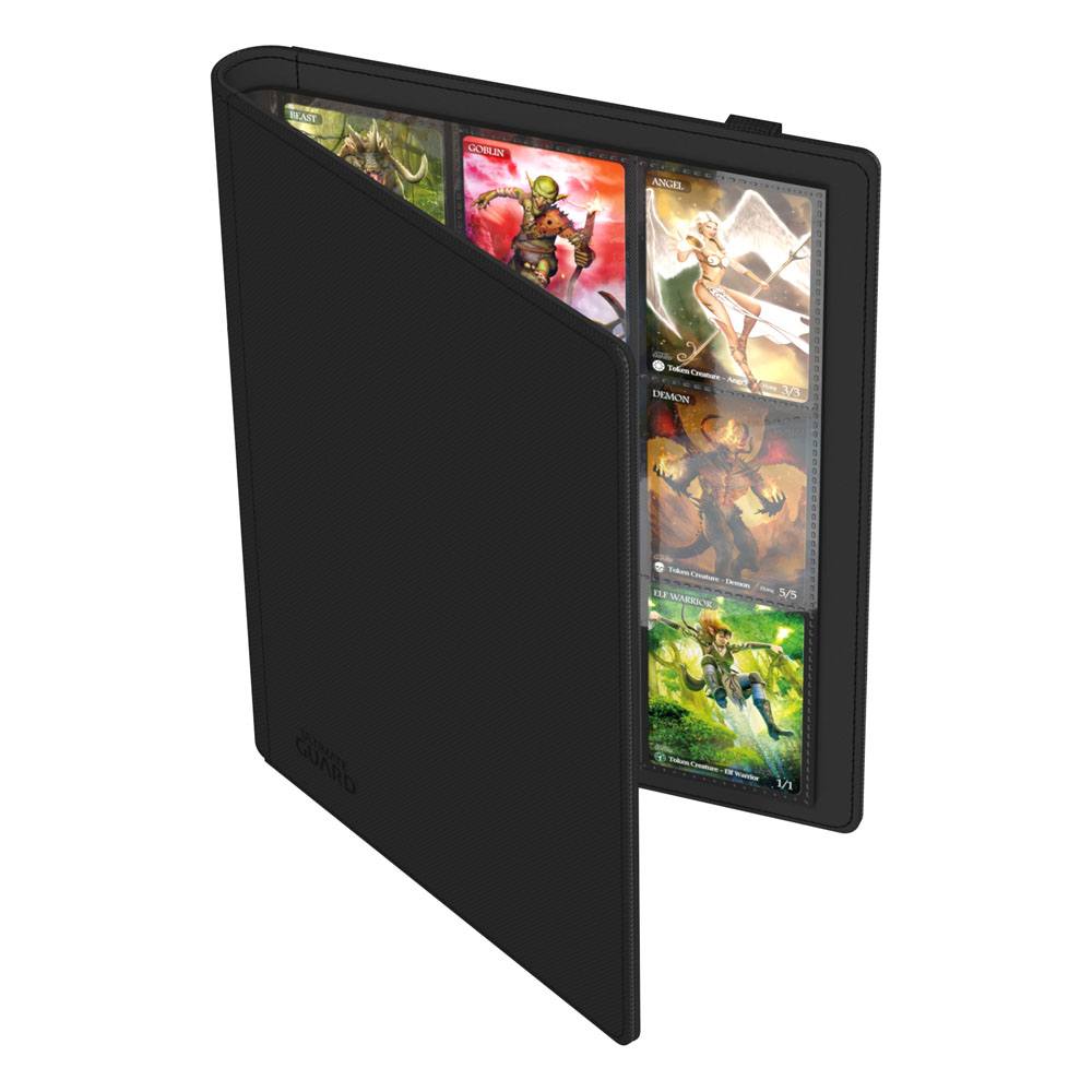 Ultimate Guard Flexxfolio 360 18-pocket Xenoskin binder in black, standing half open, showing filled pocket pages