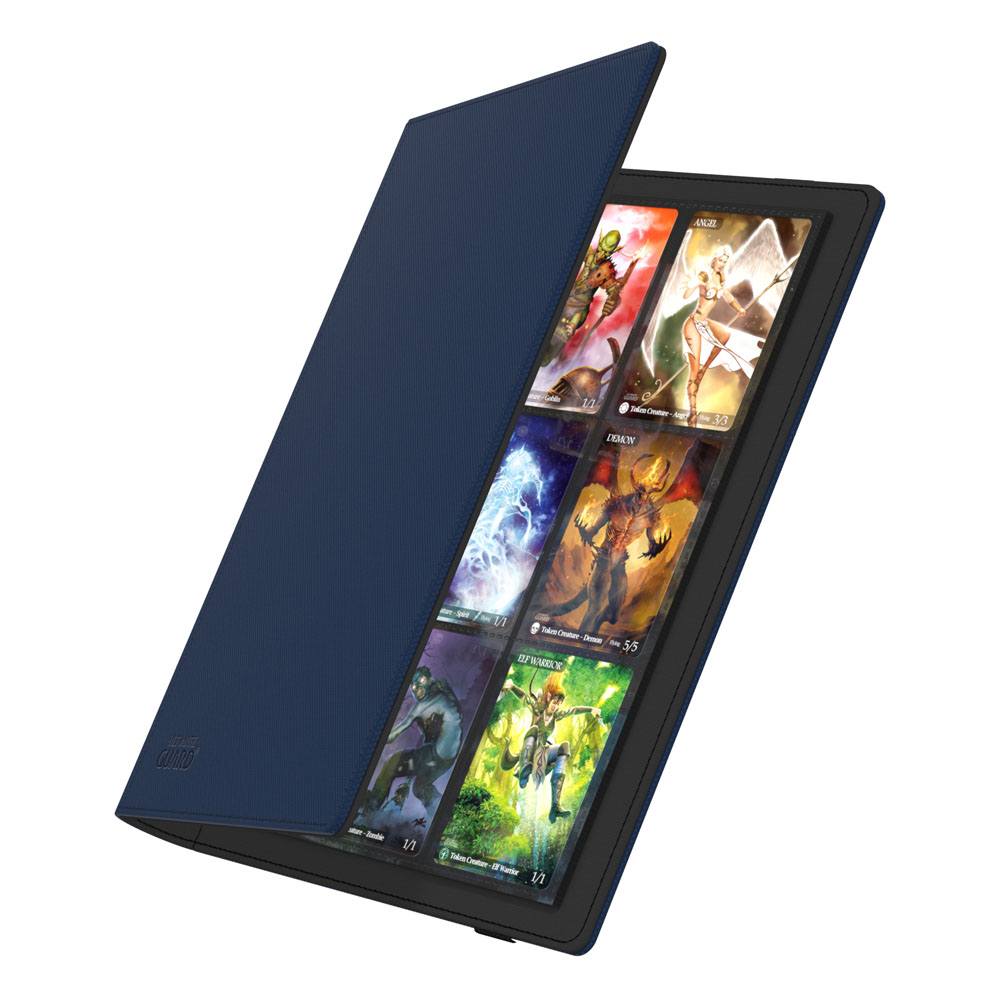 Ultimate Guard Flexxfolio 360 18-pocket Xenoskin binder in blue, cover opening to show cards in the pockets