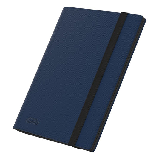 Ultimate Guard Flexxfolio 360 18-pocket Xenoskin binder in blue, closed with black elastic strap, angled front view
