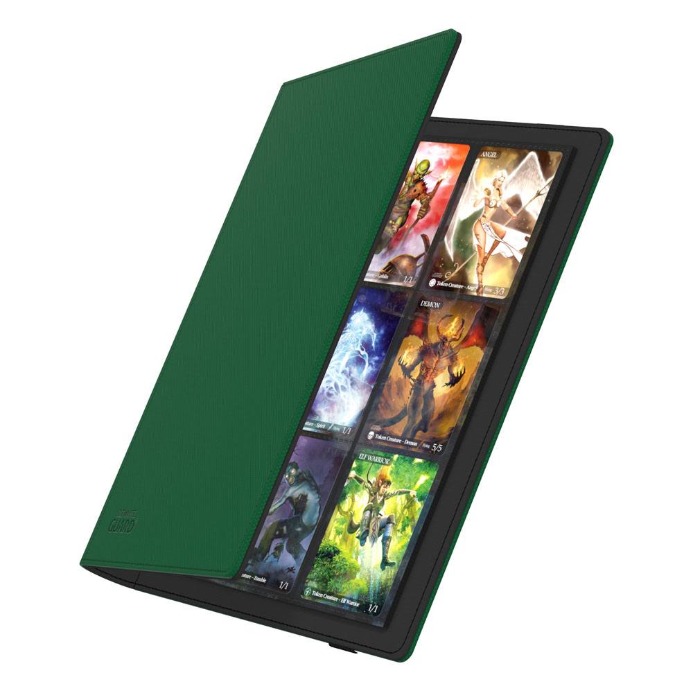Ultimate Guard Flexxfolio 360 18-pocket Xenoskin binder in green, cover opening to show cards in the pockets