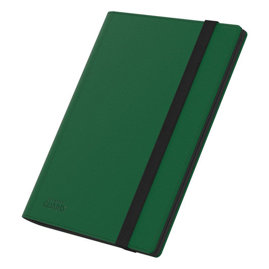 Ultimate Guard Flexxfolio 360 18-pocket Xenoskin binder in green, closed with black elastic strap, angled front view