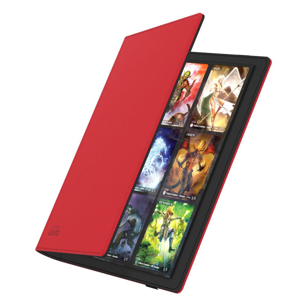 Ultimate Guard Flexxfolio 360 18-pocket Xenoskin binder in red, cover opening to show cards in the pockets