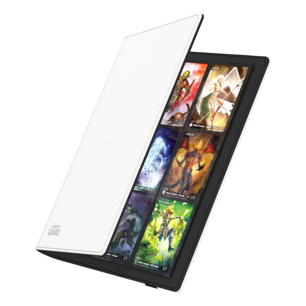 Ultimate Guard Flexxfolio 360 18-pocket Xenoskin binder in white, cover opening to show cards in the pockets