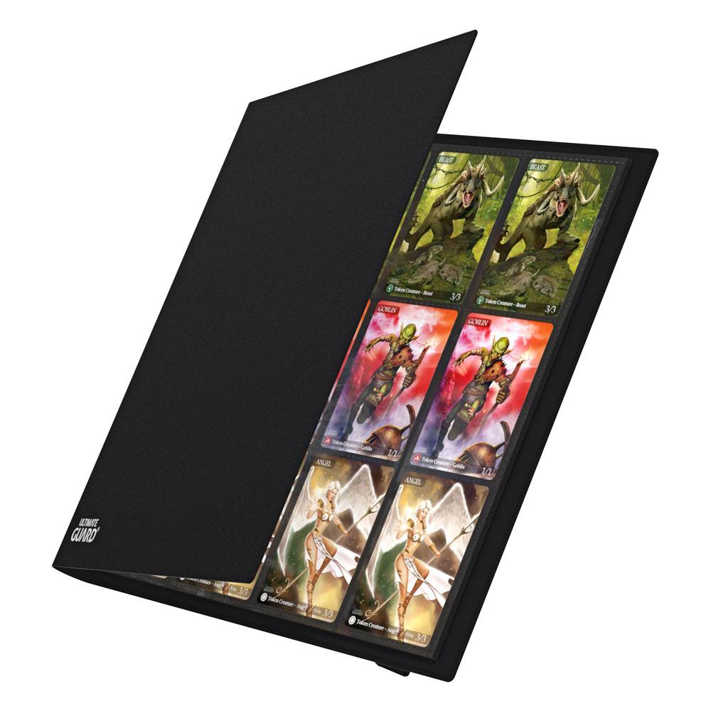 Ultimate Guard Flexxfolio 480 24-pocket binder in black, cover opening to show cards in the pockets