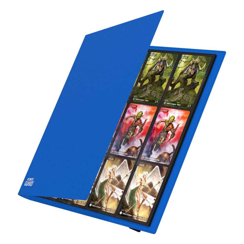 Ultimate Guard Flexxfolio 480 24-pocket binder in blue, cover opening to show cards in the pockets