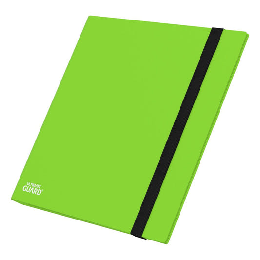 Ultimate Guard Flexxfolio 480 24-pocket binder in light green, closed with black elastic strap, angled front view