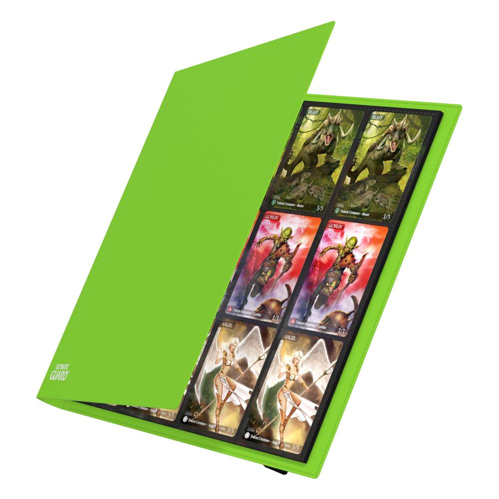 Ultimate Guard Flexxfolio 480 24-pocket binder in light green, cover opening to show cards in the pockets