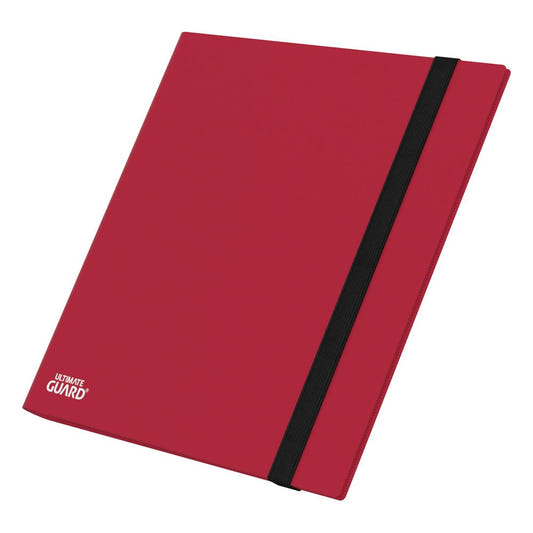 Ultimate Guard Flexxfolio 480 24-pocket binder in red, closed with black elastic strap, angled front view