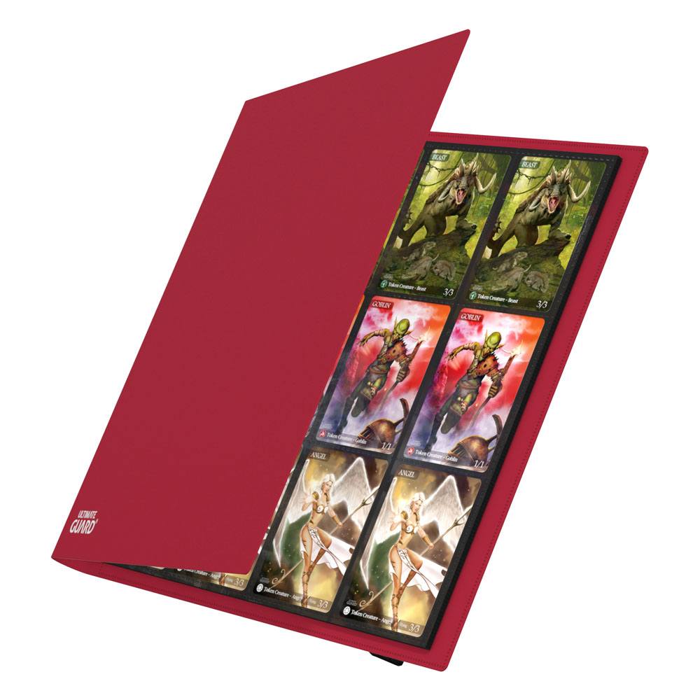 Ultimate Guard Flexxfolio 480 24-pocket binder in red, cover opening to show cards in the pockets
