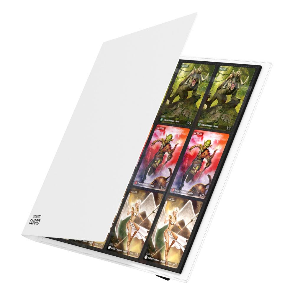 Ultimate Guard Flexxfolio 480 24-pocket binder in white, cover opening to show cards in the pockets