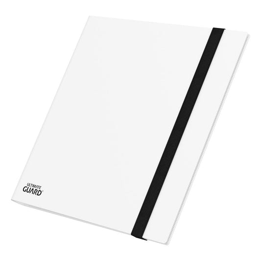 Ultimate Guard Flexxfolio 480 24-pocket binder in white, closed with black elastic strap, angled front view
