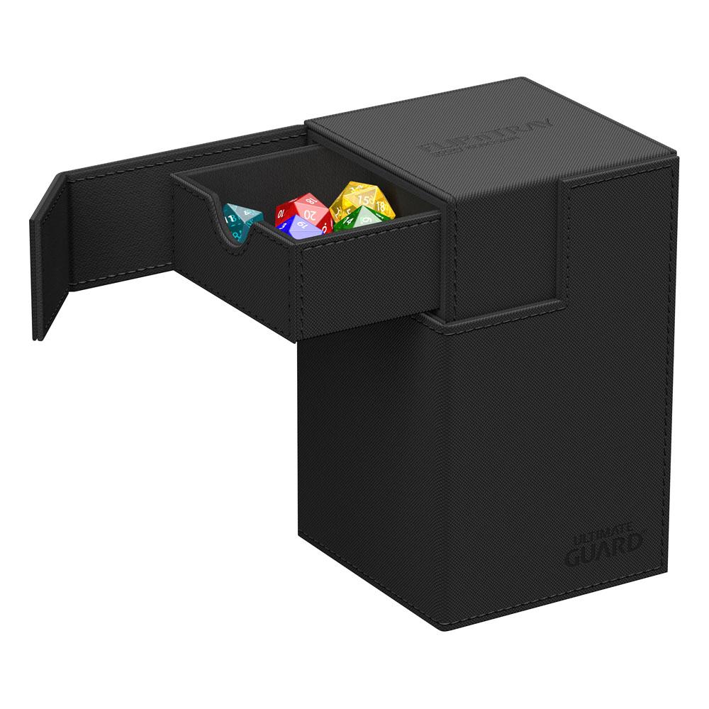 Ultimate Guard Flip'n'Tray 100+ Xenoskin deck box in black, top opened to show dice tray with dice