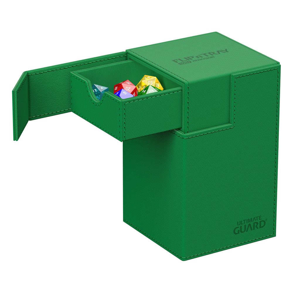 Ultimate Guard Flip'n'Tray 100+ Xenoskin deck box in green, top opened to show dice tray with dice