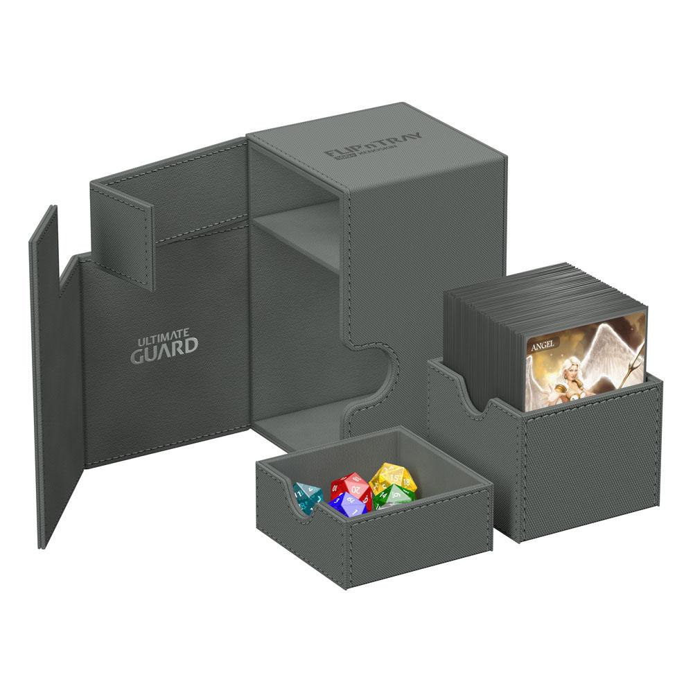 Ultimate Guard Flip'n'Tray 100+ Xenoskin deck box in grey, fully opened, card and dice trays removed