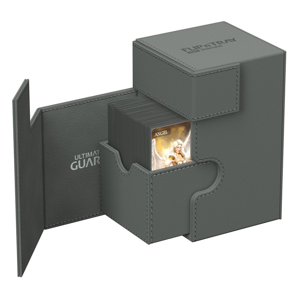 Ultimate Guard Flip'n'Tray 100+ Xenoskin deck box in grey, side flap open, sleeved cards inside